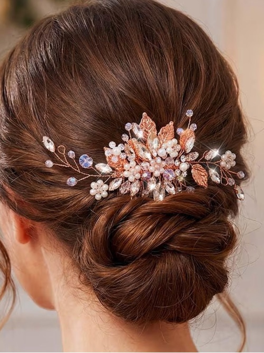 Rose Gold Floral Bridal Hair Comb with Pearls and Crystals - Picture 2 of 6